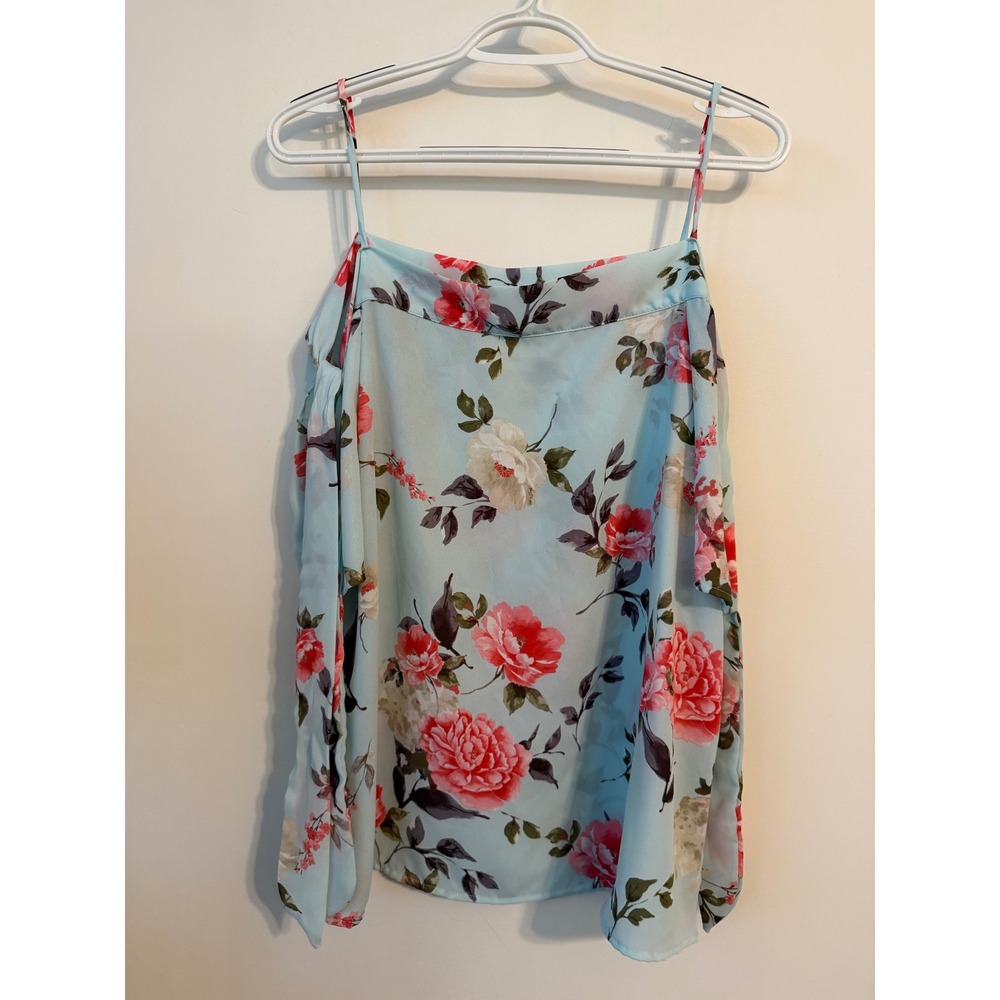 Hyped Unicorn Womens Cold Shoulder Blouse Light Blue Floral Long Sleeve Top USA